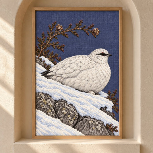 Ptarmigan Beneath the Wind Carved Heather visual mockup shown as a framed textile in a gallery niche, with the design on blue-violet linen.