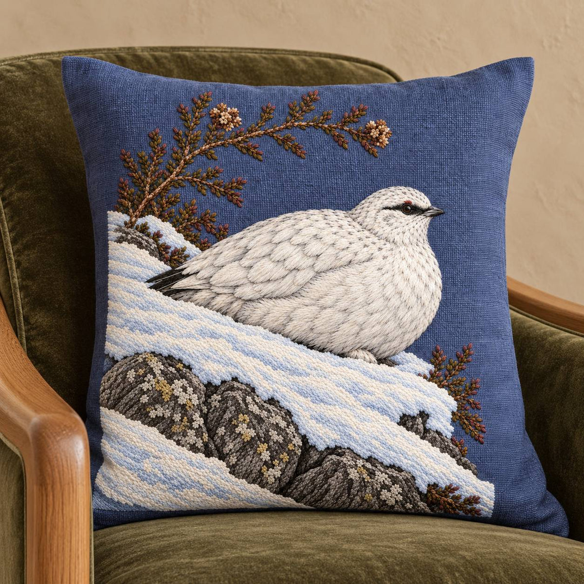 Ptarmigan Beneath the Wind Carved Heather visual mockup shown on a cushion in a lounge chair, with the design on blue-violet linen.
