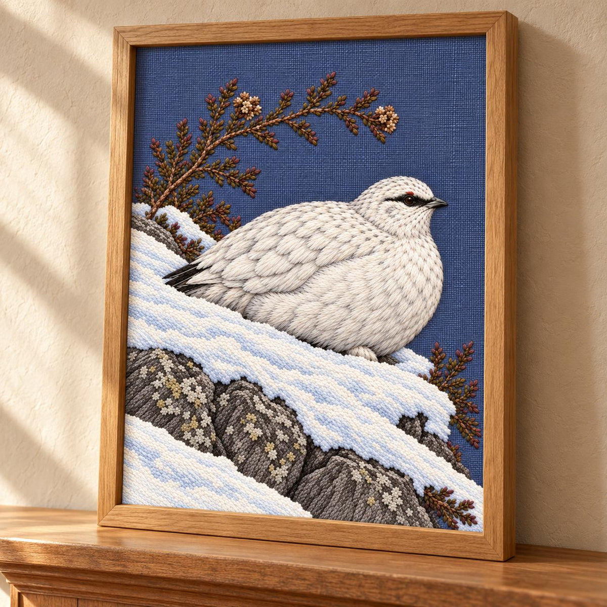 Ptarmigan Beneath the Wind Carved Heather visual mockup shown in a frame leaning on a mantel, with the design on blue-violet linen.