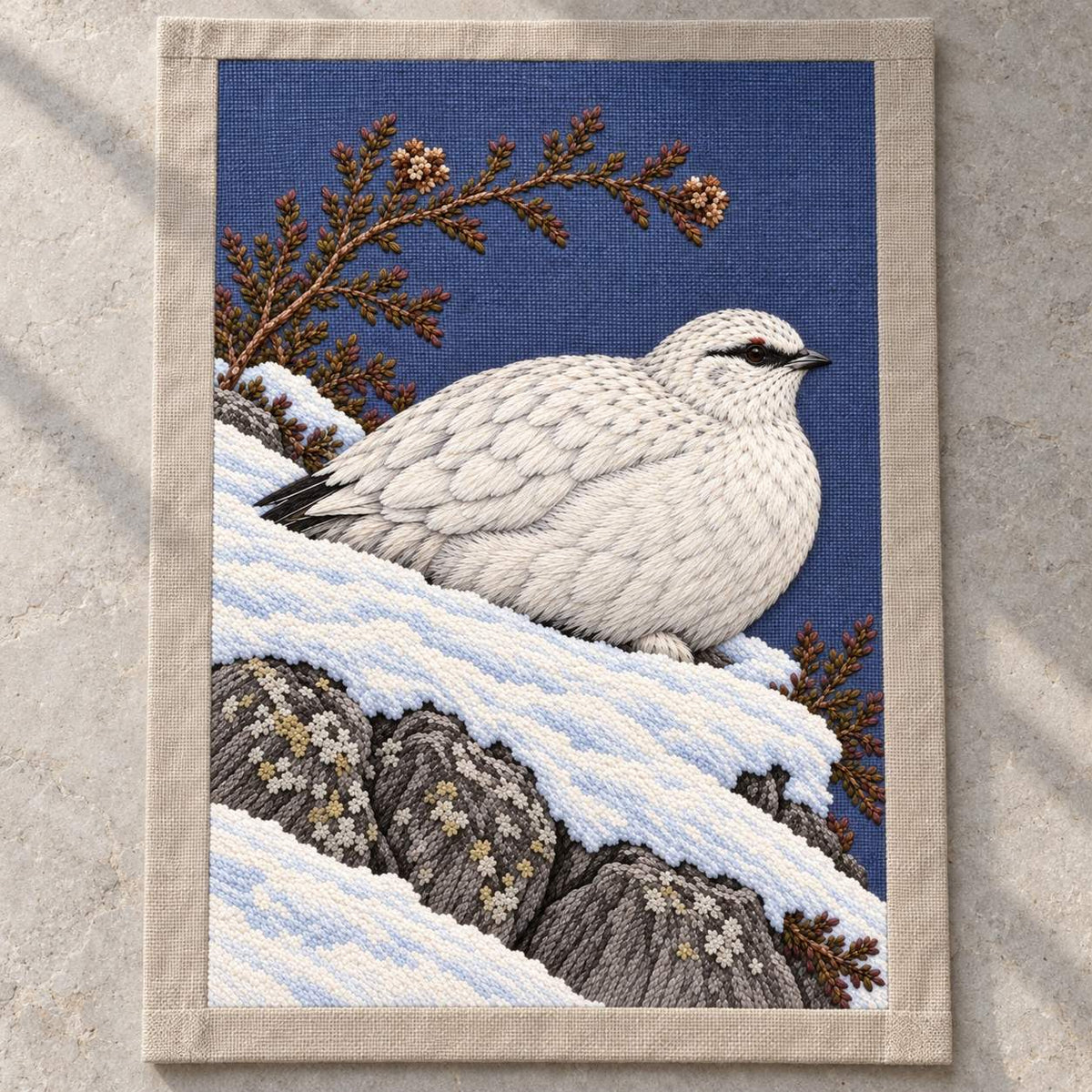 Ptarmigan Beneath the Wind Carved Heather visual mockup shown as a textile panel on a stone platform, with the design on blue-violet linen.