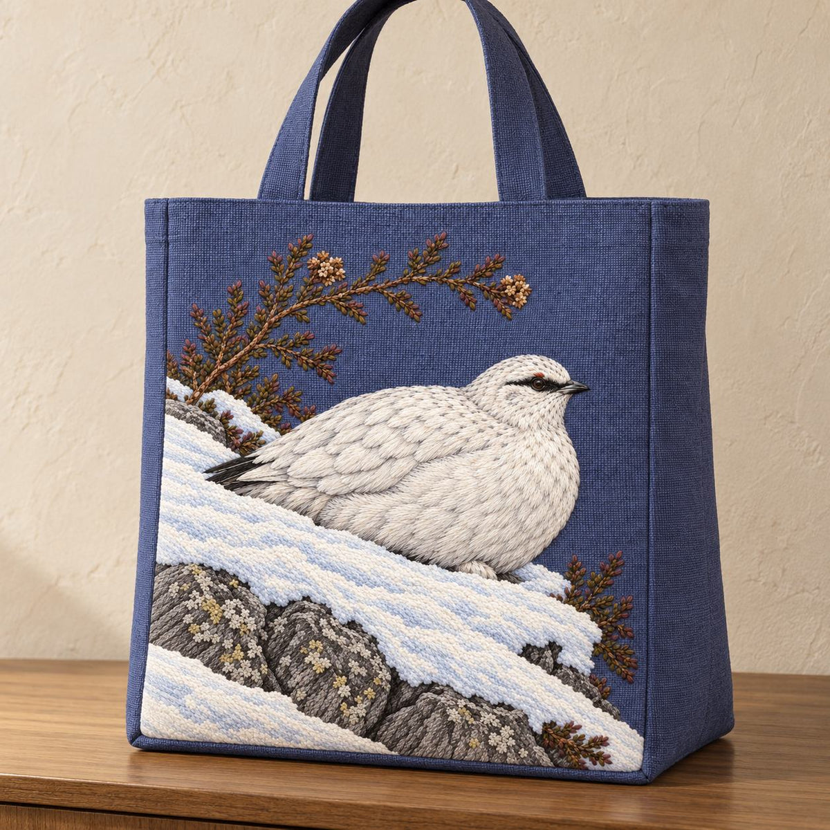 Ptarmigan Beneath the Wind Carved Heather visual mockup shown on the front of a structured linen tote, with the design on blue-violet linen.