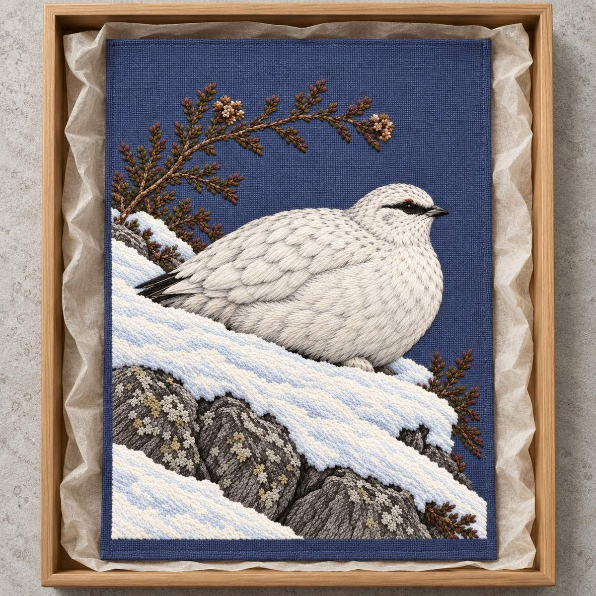 Ptarmigan Beneath the Wind Carved Heather visual mockup shown as a textile panel in a collection tray, with the design on blue-violet linen.