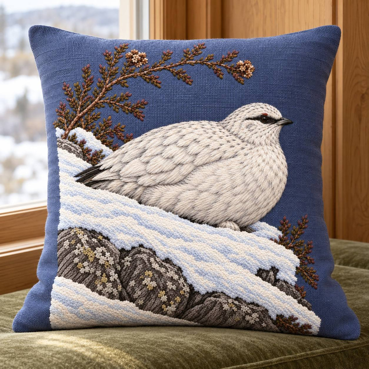 Ptarmigan Beneath the Wind Carved Heather visual mockup shown on a cushion beside a window, with the design on blue-violet linen.