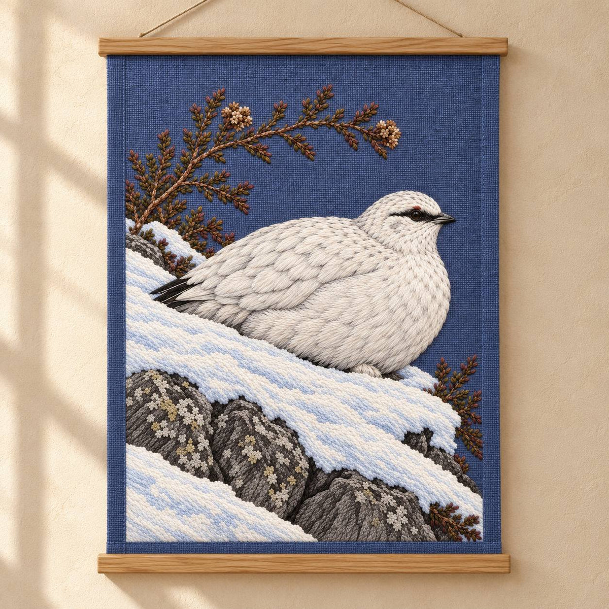 Ptarmigan Beneath the Wind Carved Heather visual mockup shown as a hanging textile held by wooden rails, with the design on blue-violet linen.
