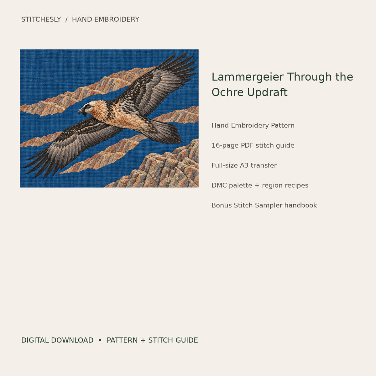 Lammergeier Through the Ochre Updraft: digital hand embroidery pattern cover with artwork and included files
