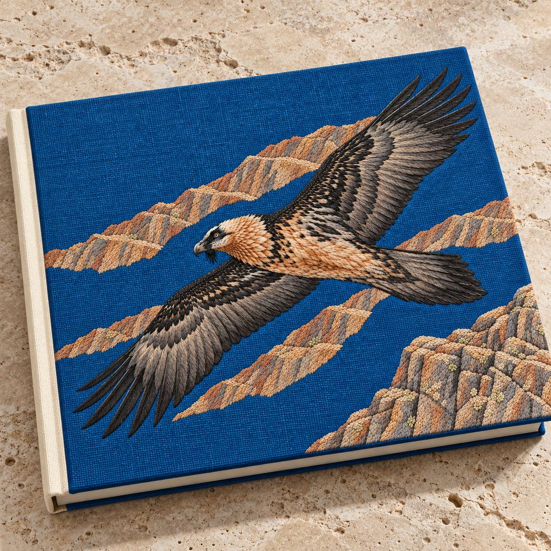 Lammergeier Through the Ochre Updraft visual mockup shown on a cloth portfolio cover, with the design on deep blue linen.