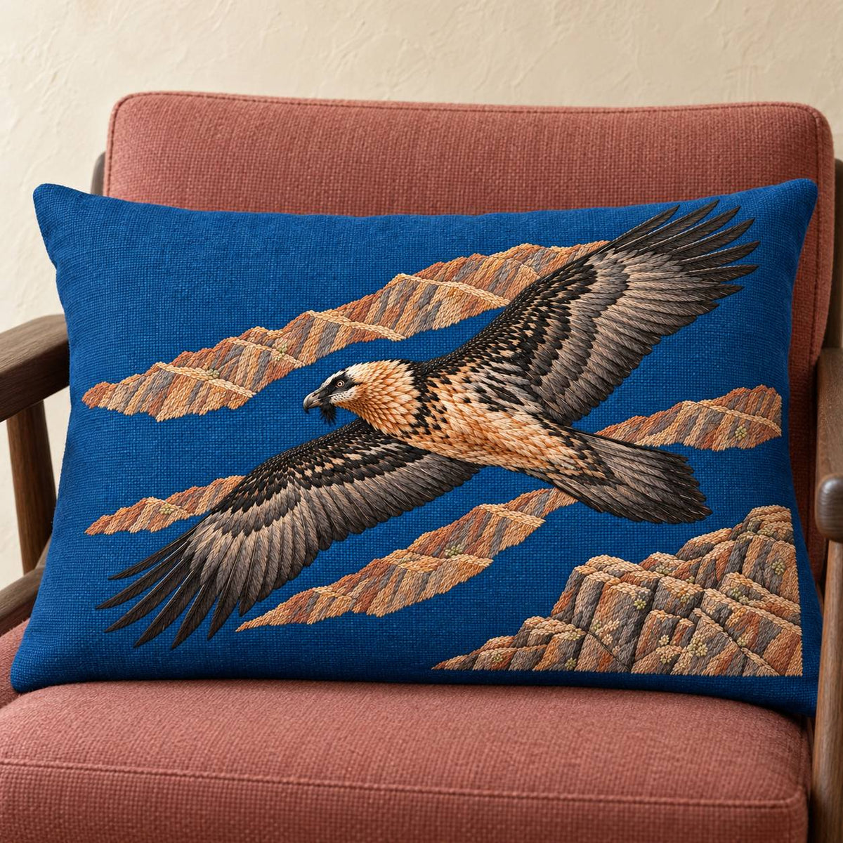 Lammergeier Through the Ochre Updraft visual mockup shown on a cushion in a lounge chair, with the design on deep blue linen.