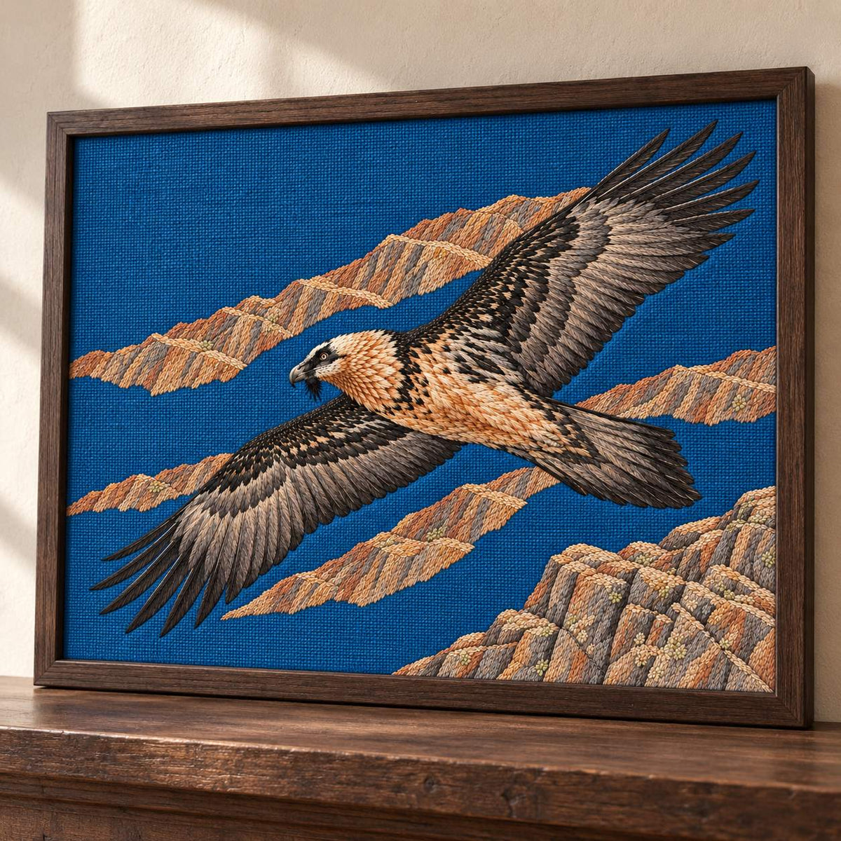 Lammergeier Through the Ochre Updraft visual mockup shown in a frame leaning on a mantel, with the design on deep blue linen.