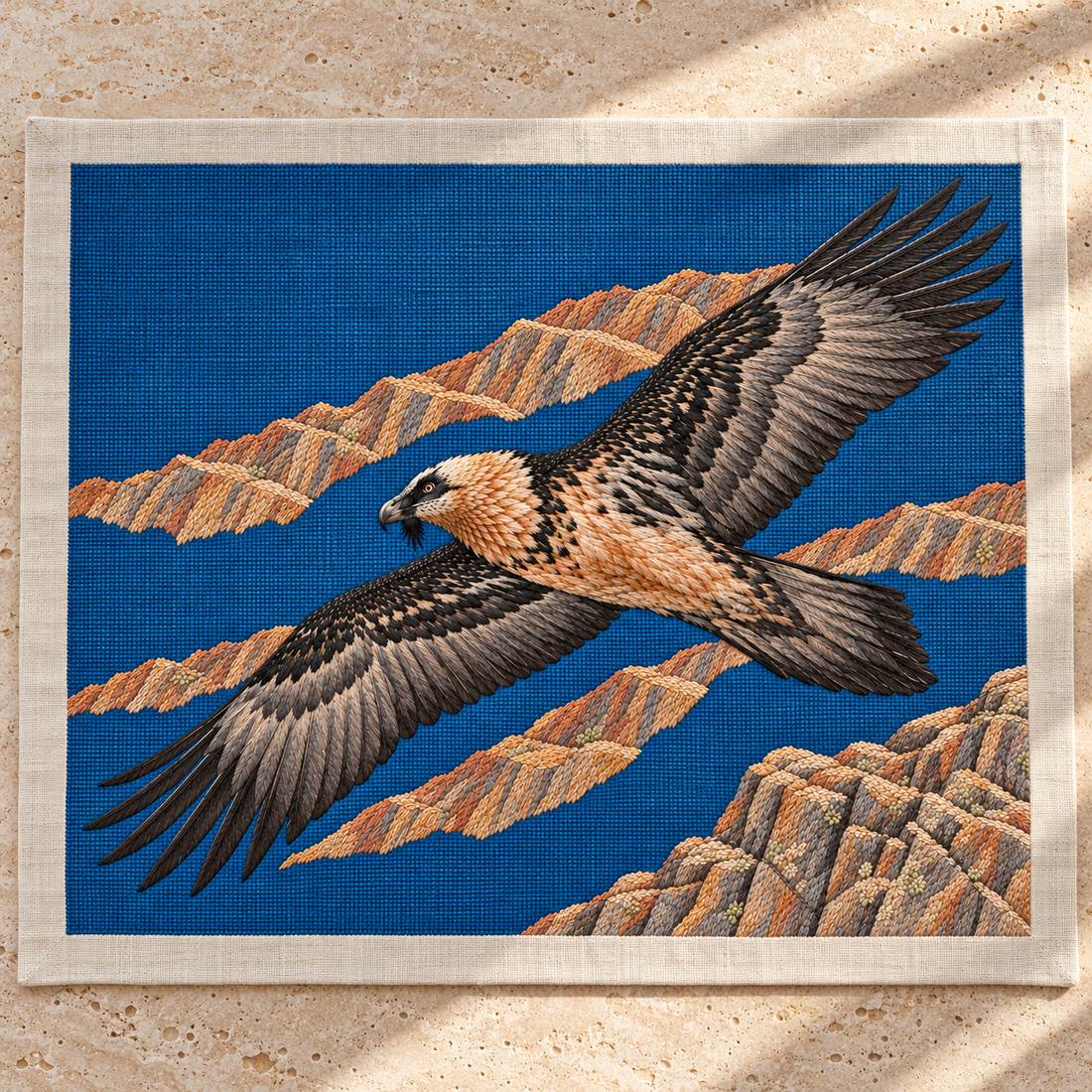 Lammergeier Through the Ochre Updraft visual mockup shown as a textile panel on a stone platform, with the design on deep blue linen.