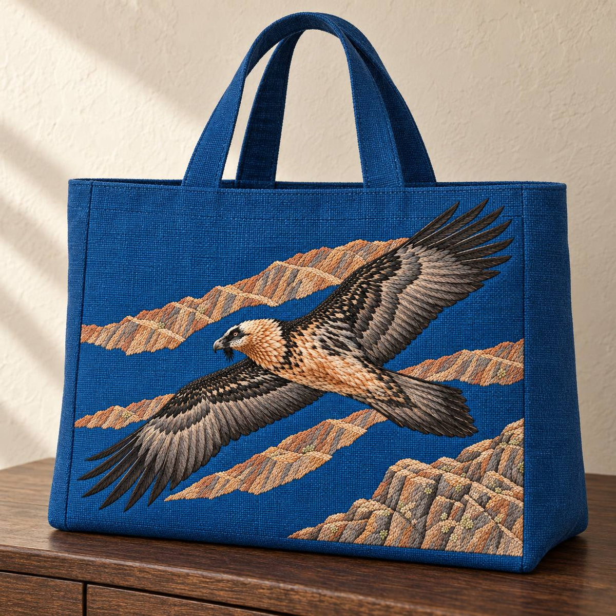 Lammergeier Through the Ochre Updraft visual mockup shown on the front of a structured linen tote, with the design on deep blue linen.