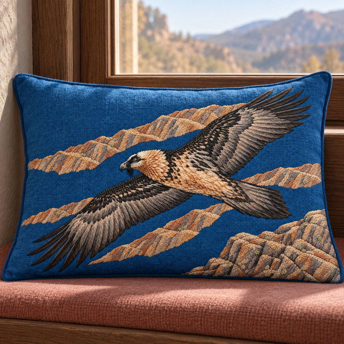 Lammergeier Through the Ochre Updraft visual mockup shown on a cushion beside a window, with the design on deep blue linen.