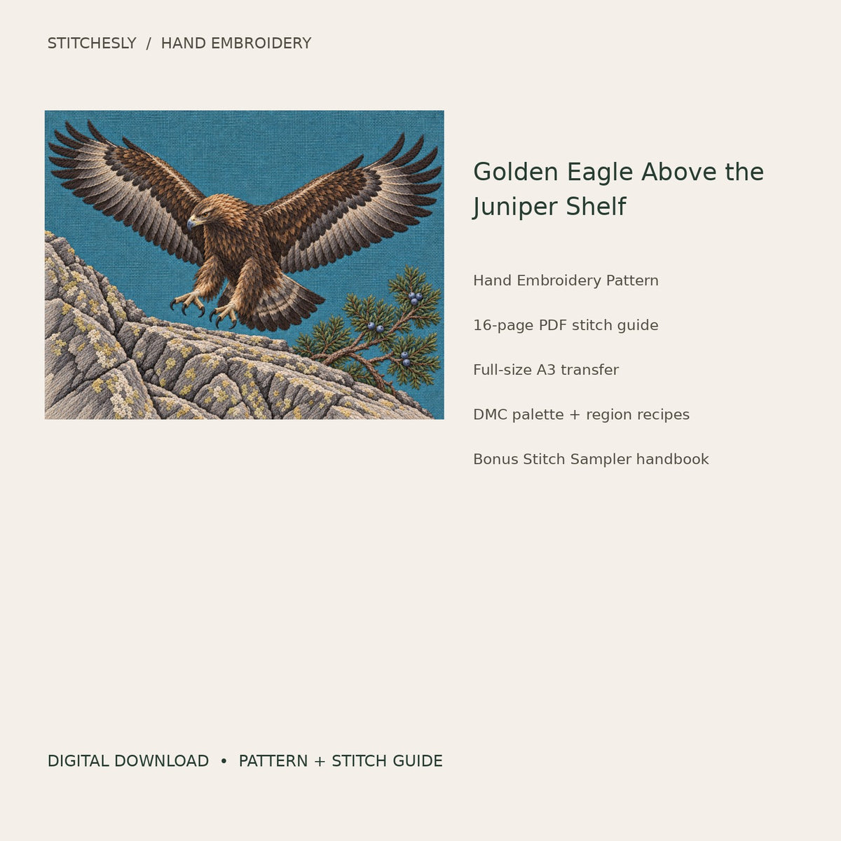 Golden Eagle Above the Juniper Shelf: digital hand embroidery pattern cover with artwork and included files