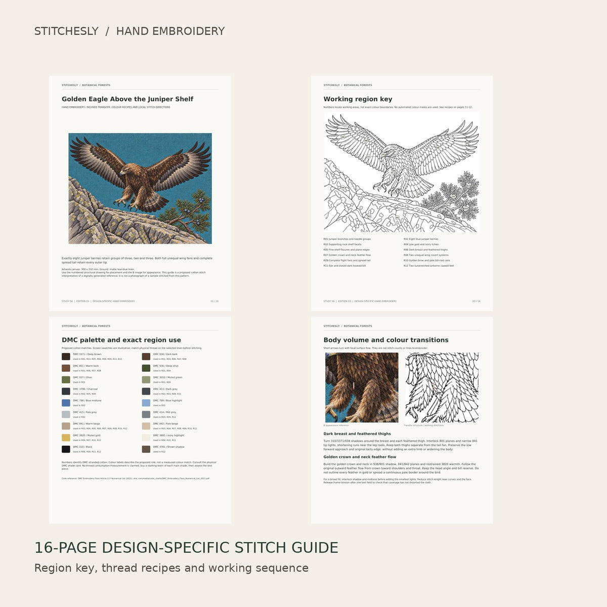 Golden Eagle Above the Juniper Shelf: preview of the 16-page stitch guide, region key, DMC palette and stitching instructions