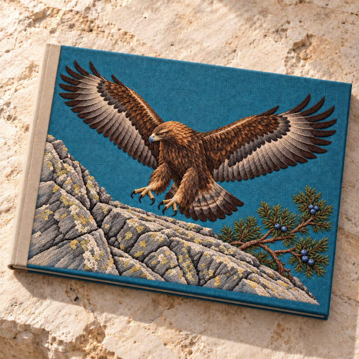 Golden Eagle Above the Juniper Shelf visual mockup shown on a cloth portfolio cover, with the design on teal-blue linen.