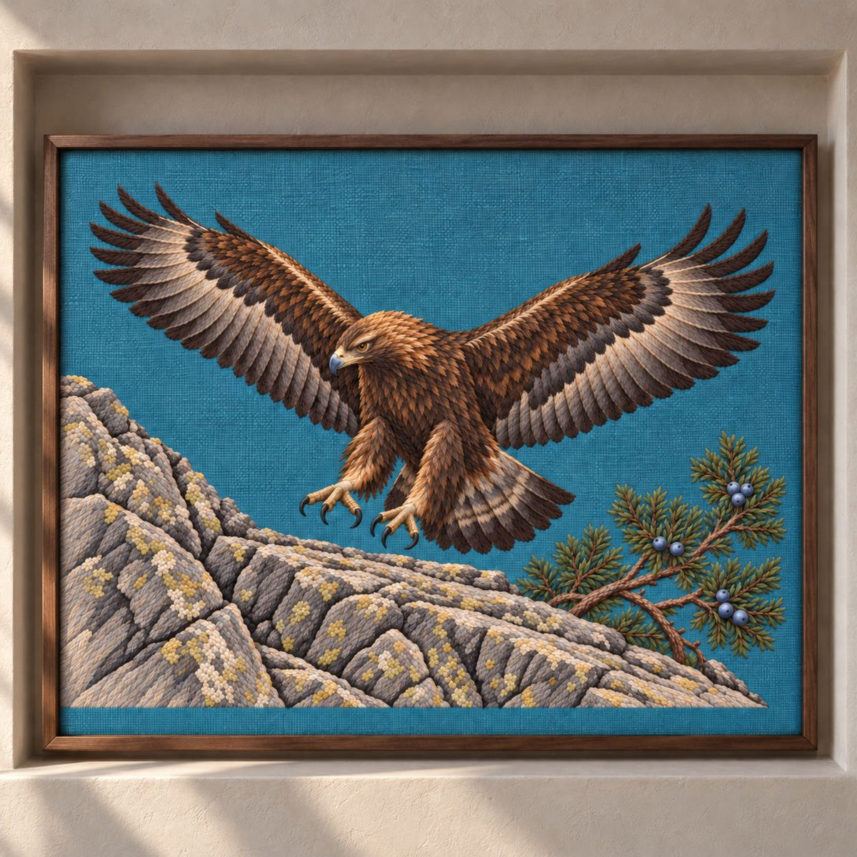 Golden Eagle Above the Juniper Shelf visual mockup shown as a framed textile in a gallery niche, with the design on teal-blue linen.