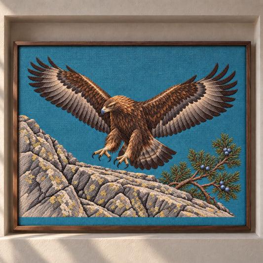 Golden Eagle Above the Juniper Shelf visual mockup shown as a framed textile in a gallery niche, with the design on teal-blue linen.