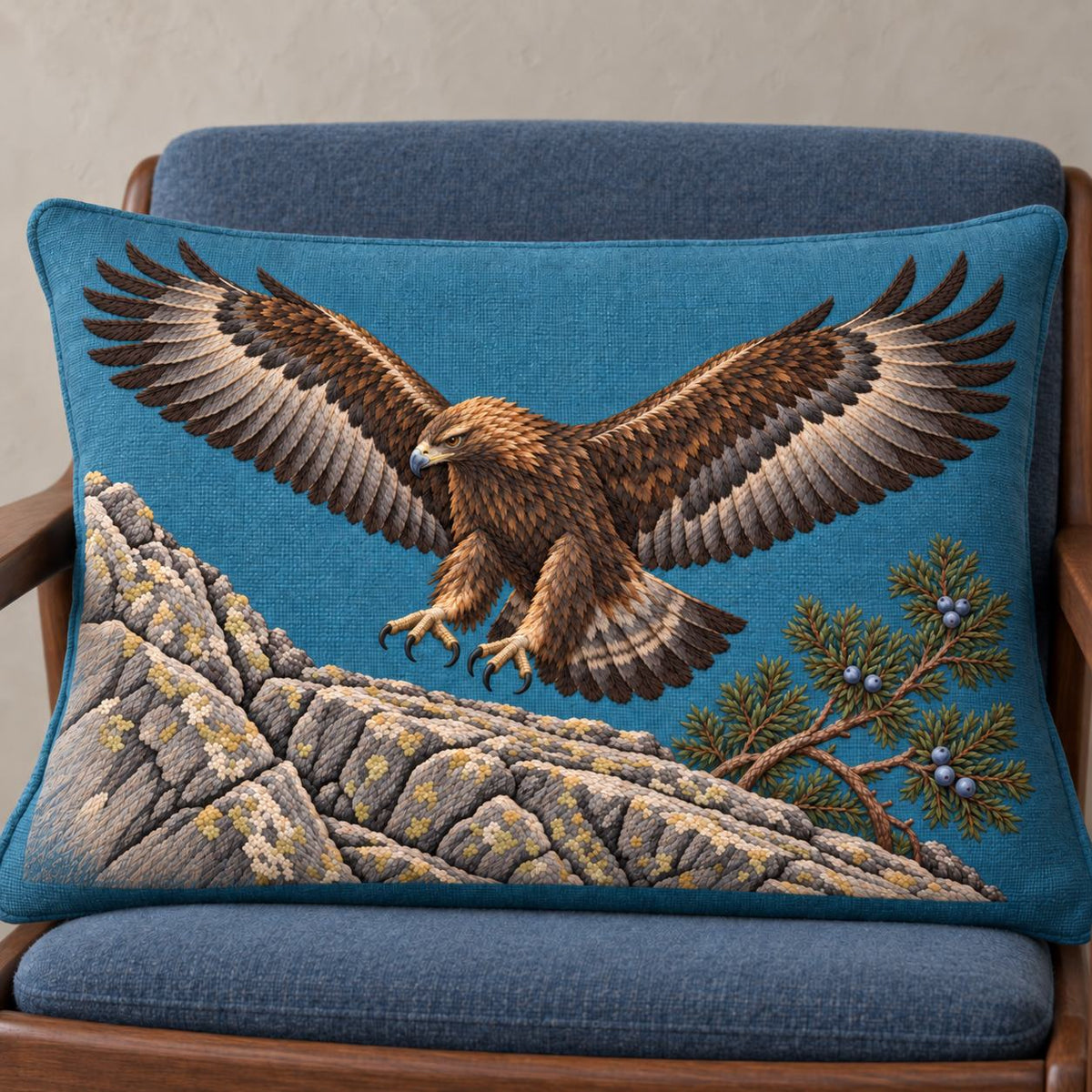 Golden Eagle Above the Juniper Shelf visual mockup shown on a cushion in a lounge chair, with the design on teal-blue linen.
