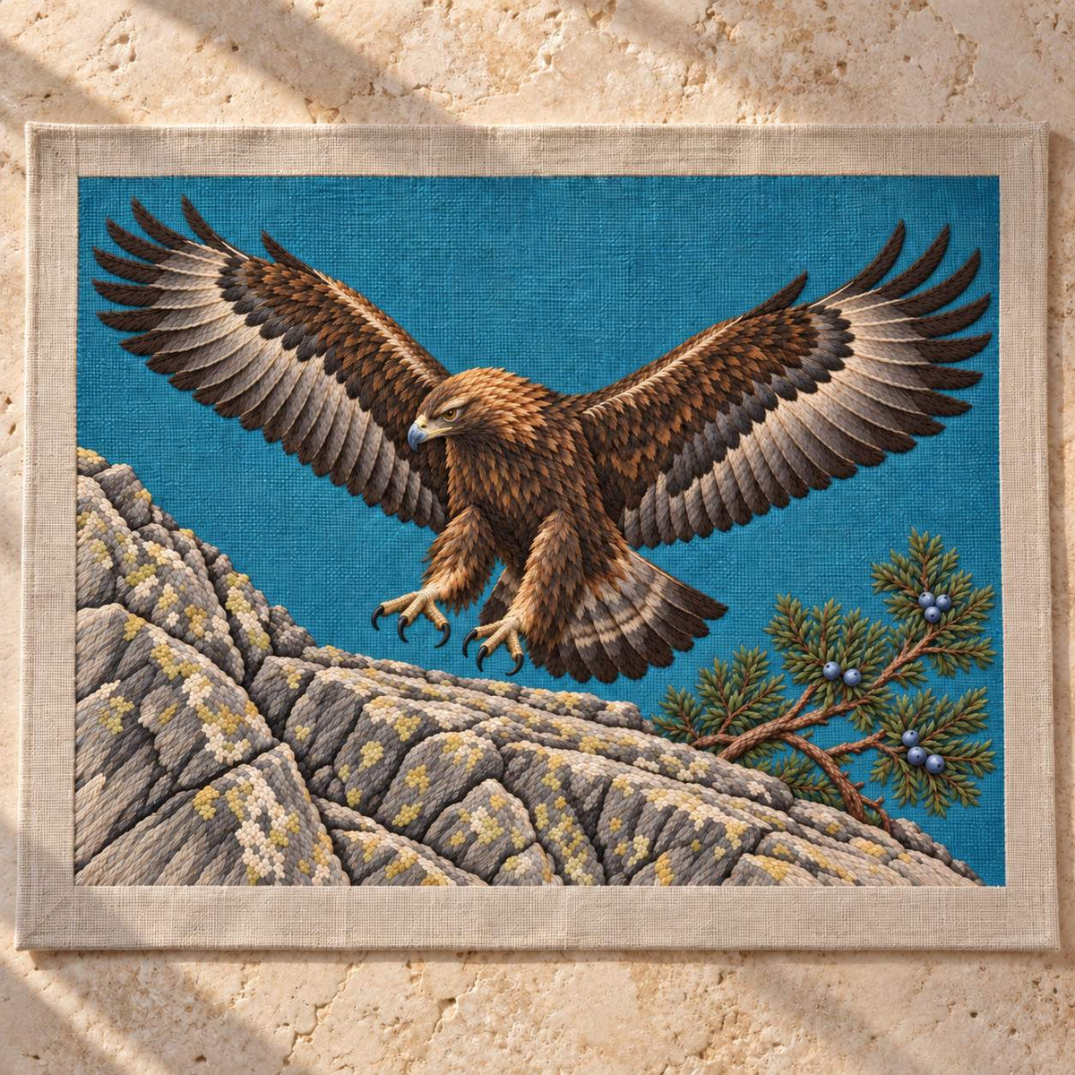 Golden Eagle Above the Juniper Shelf visual mockup shown as a textile panel on a stone platform, with the design on teal-blue linen.
