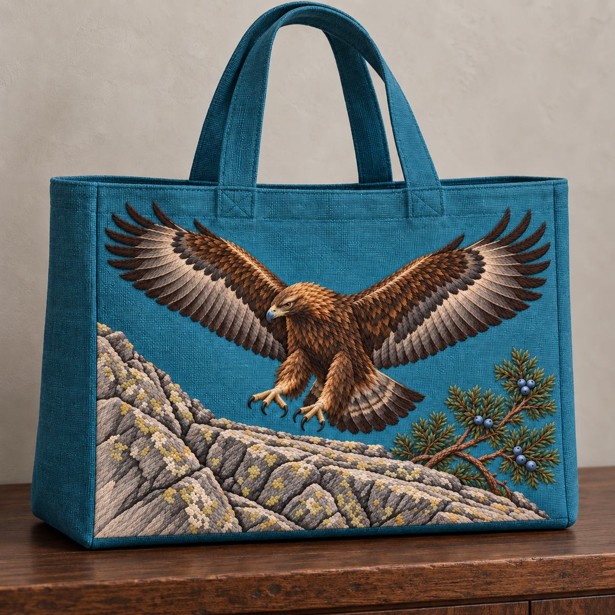 Golden Eagle Above the Juniper Shelf visual mockup shown on the front of a structured linen tote, with the design on teal-blue linen.