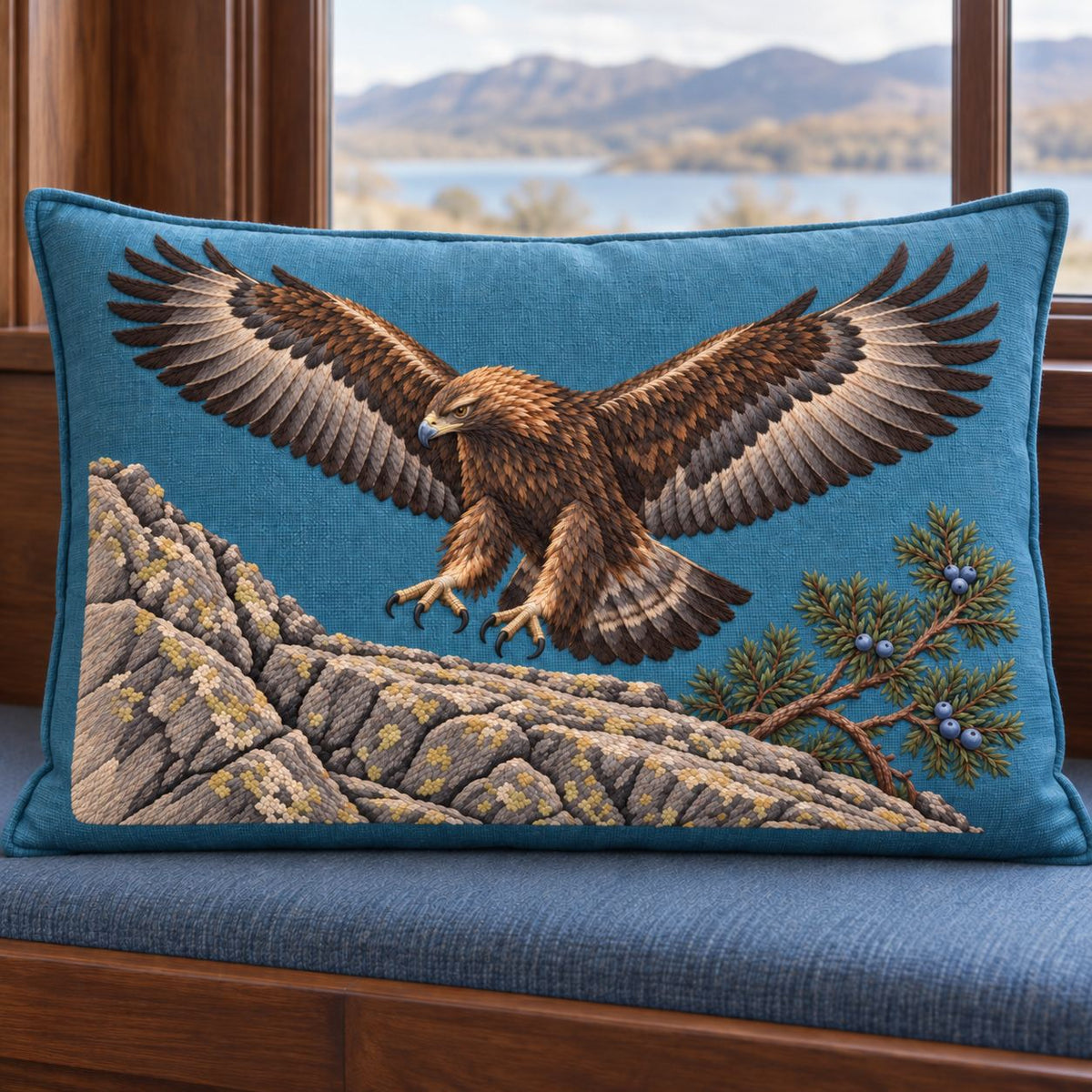 Golden Eagle Above the Juniper Shelf visual mockup shown on a cushion beside a window, with the design on teal-blue linen.