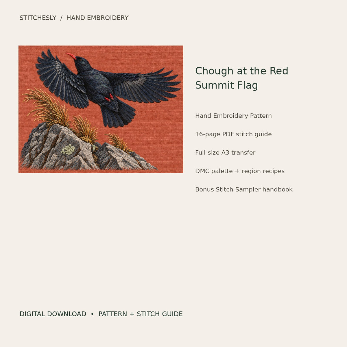 Chough at the Red Summit Flag: digital hand embroidery pattern cover with artwork and included files