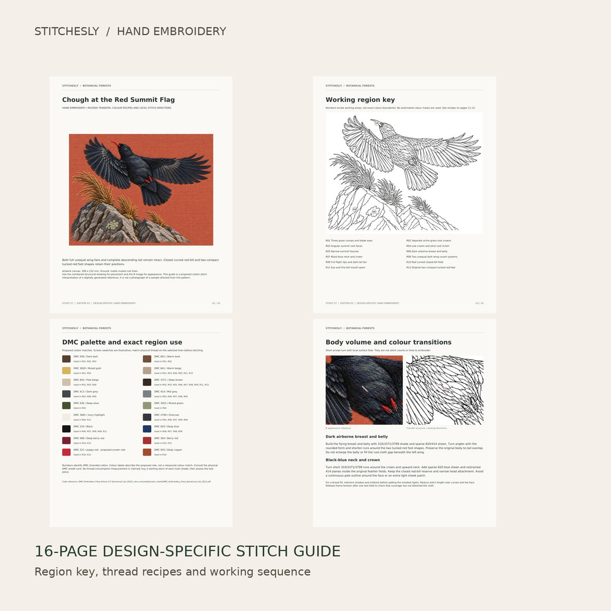 Chough at the Red Summit Flag: preview of the 16-page stitch guide, region key, DMC palette and stitching instructions