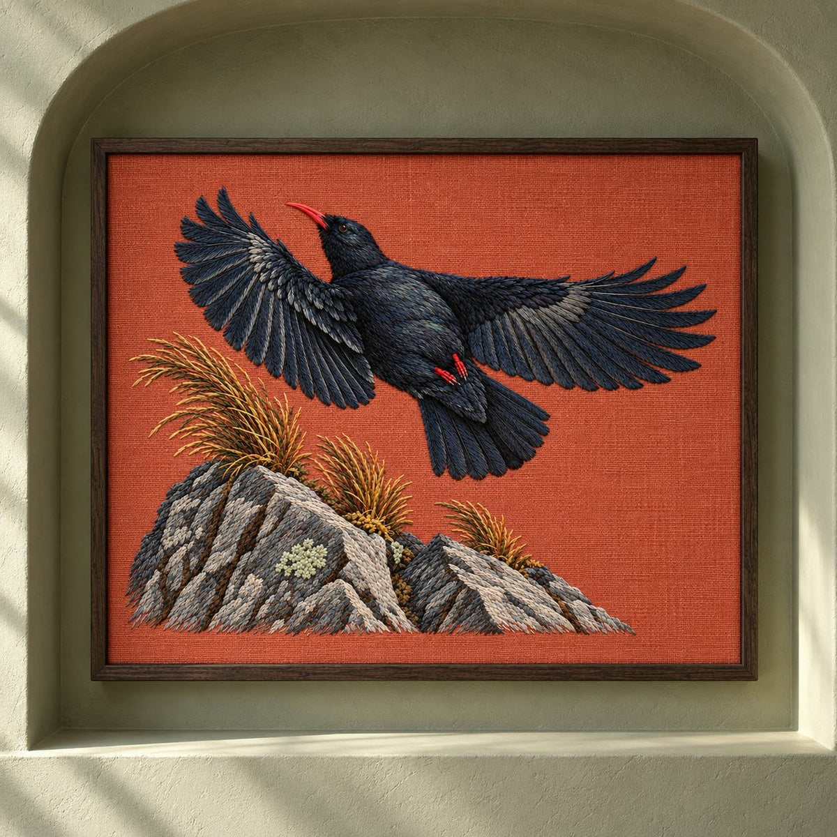 Chough at the Red Summit Flag visual mockup shown as a framed textile in a gallery niche, with the design on muted rust linen.