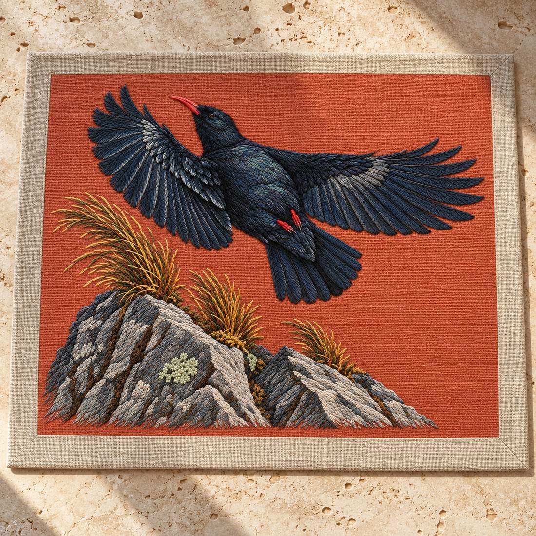Chough at the Red Summit Flag visual mockup shown as a textile panel on a stone platform, with the design on muted rust linen.
