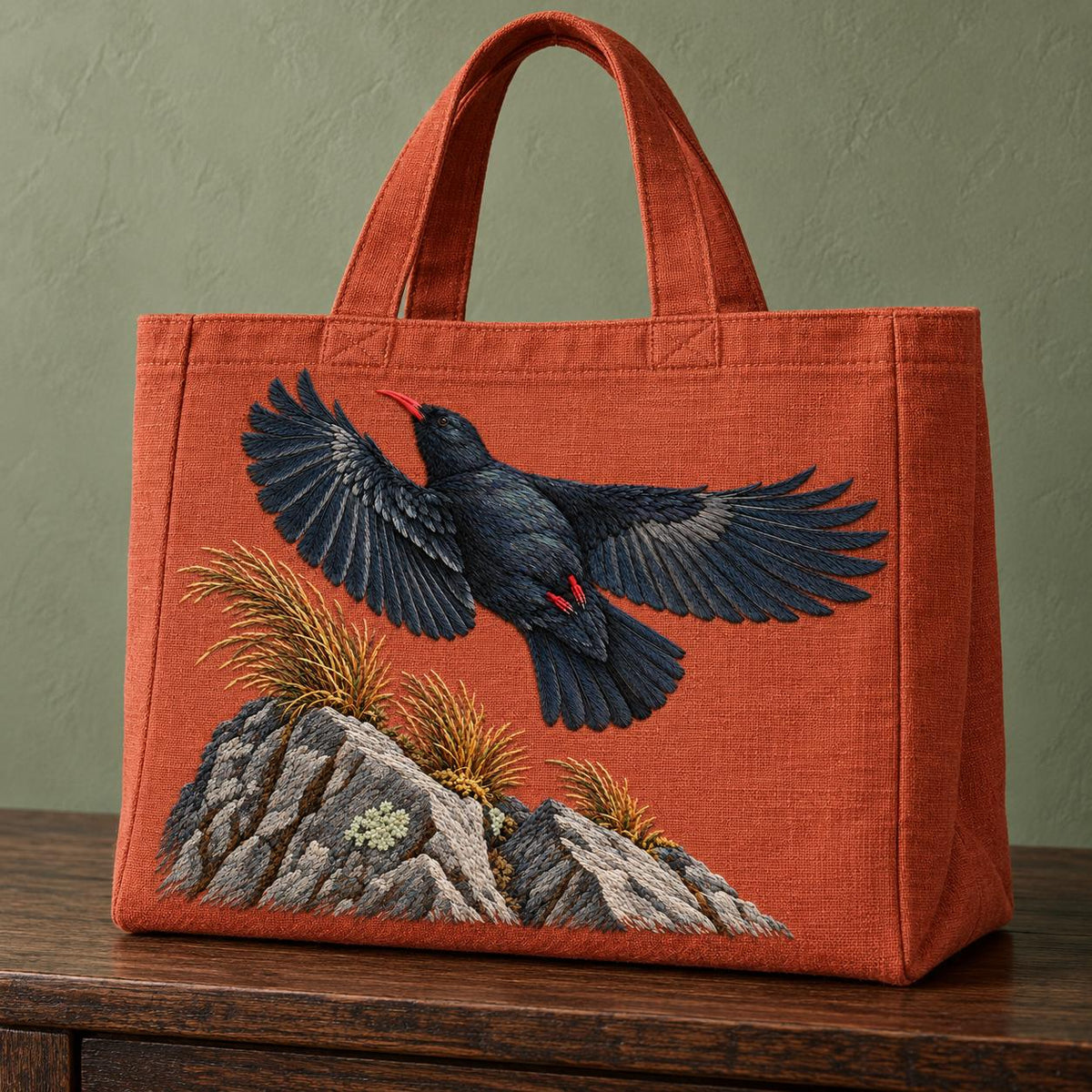 Chough at the Red Summit Flag visual mockup shown on the front of a structured linen tote, with the design on muted rust linen.