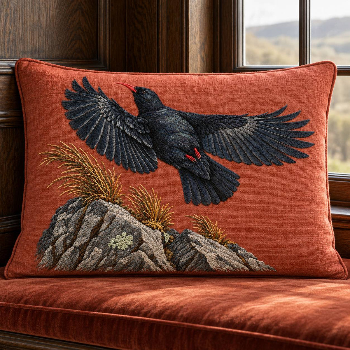 Chough at the Red Summit Flag visual mockup shown on a cushion beside a window, with the design on muted rust linen.
