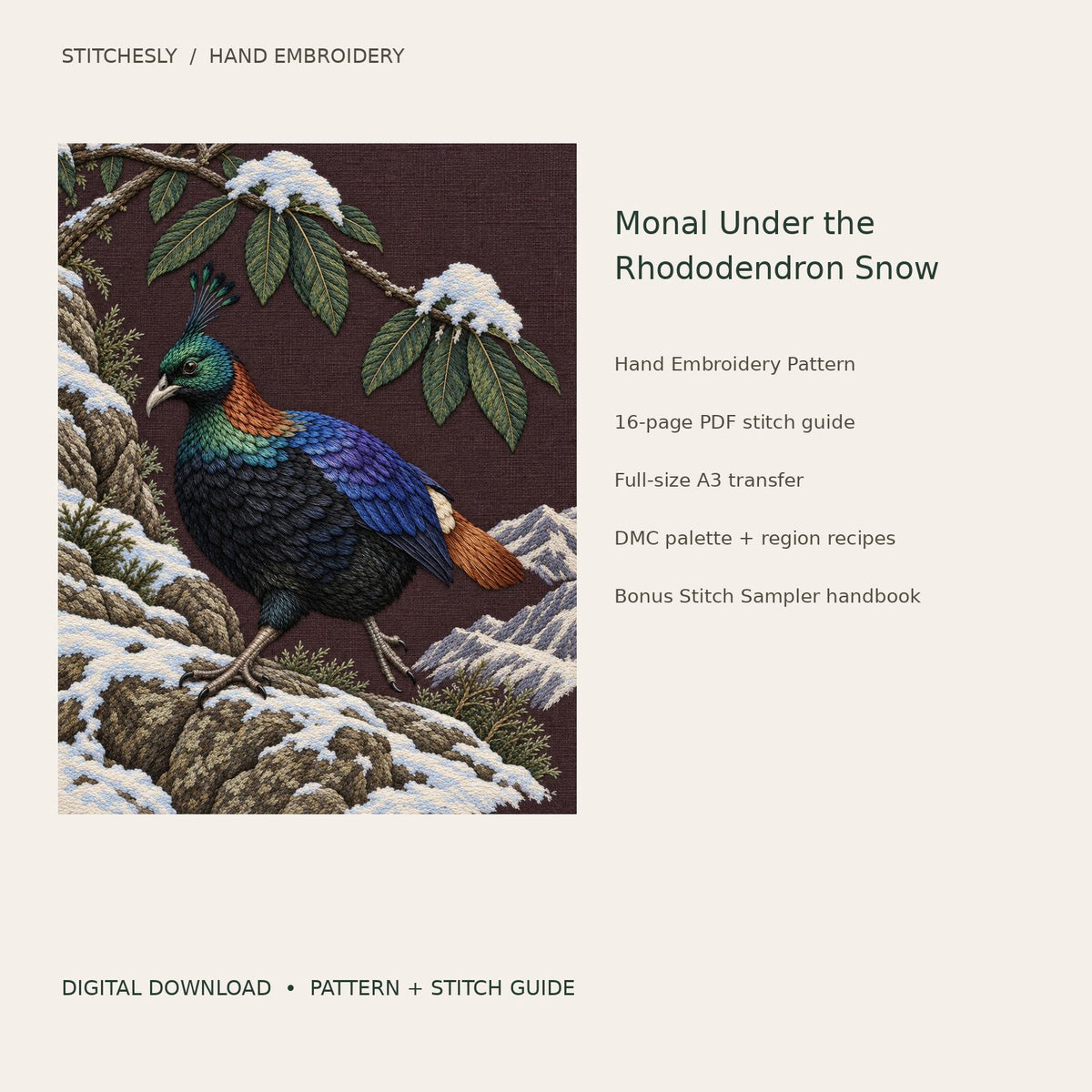 Monal Under the Rhododendron Snow: digital hand embroidery pattern cover with artwork and included files