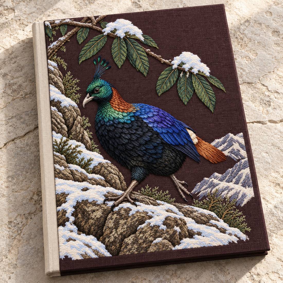 Monal Under the Rhododendron Snow visual mockup shown on a cloth portfolio cover, with the design on deep plum-brown linen.