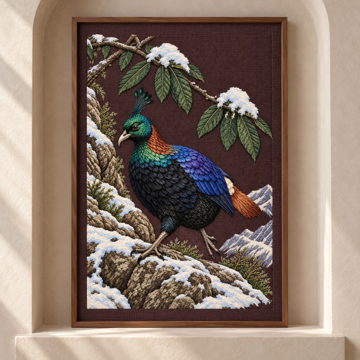 Monal Under the Rhododendron Snow visual mockup shown as a framed textile in a gallery niche, with the design on deep plum-brown linen.