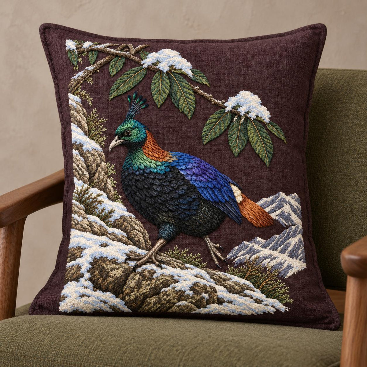 Monal Under the Rhododendron Snow visual mockup shown on a cushion in a lounge chair, with the design on deep plum-brown linen.