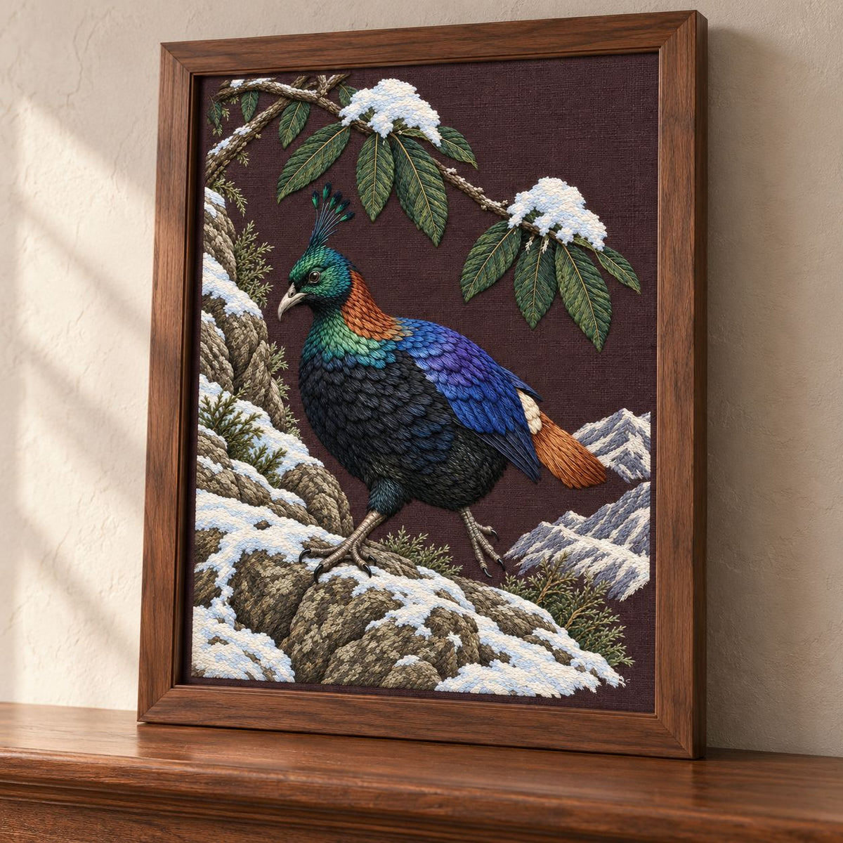 Monal Under the Rhododendron Snow visual mockup shown in a frame leaning on a mantel, with the design on deep plum-brown linen.