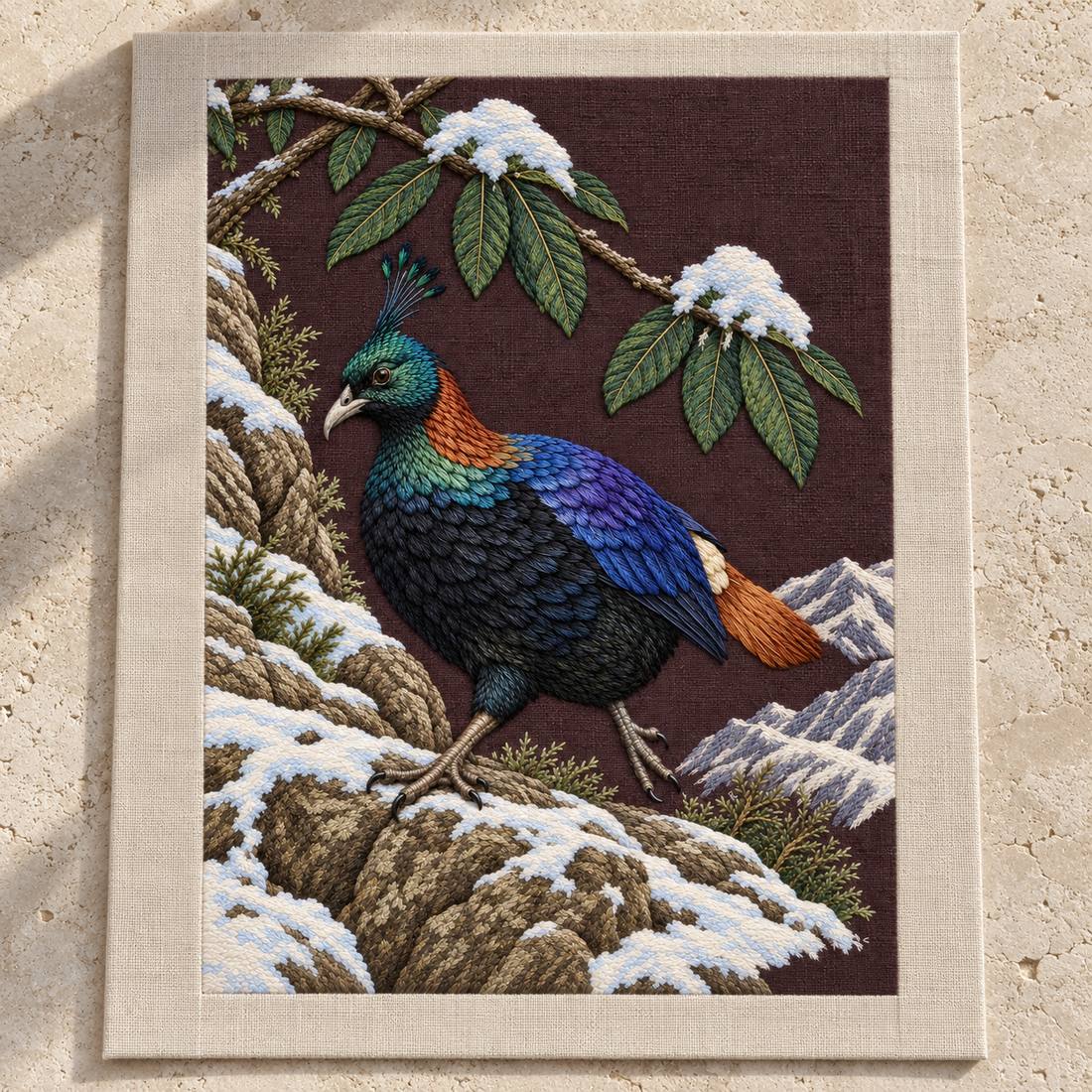 Monal Under the Rhododendron Snow visual mockup shown as a textile panel on a stone platform, with the design on deep plum-brown linen.