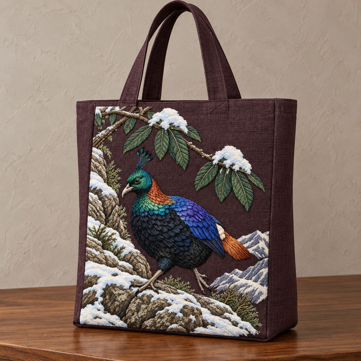 Monal Under the Rhododendron Snow visual mockup shown on the front of a structured linen tote, with the design on deep plum-brown linen.
