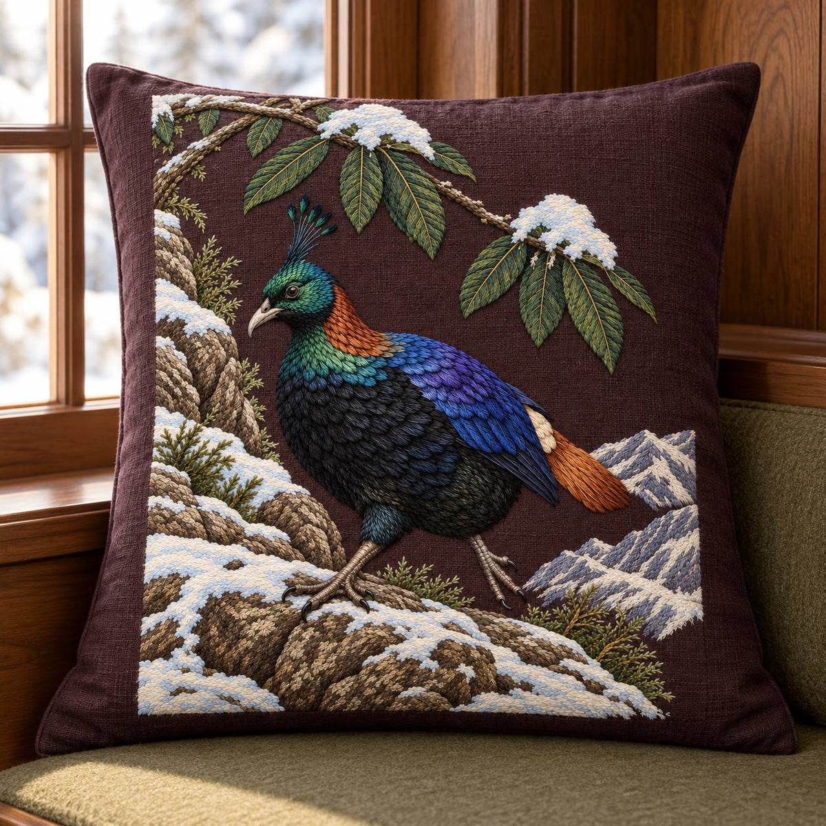 Monal Under the Rhododendron Snow visual mockup shown on a cushion beside a window, with the design on deep plum-brown linen.