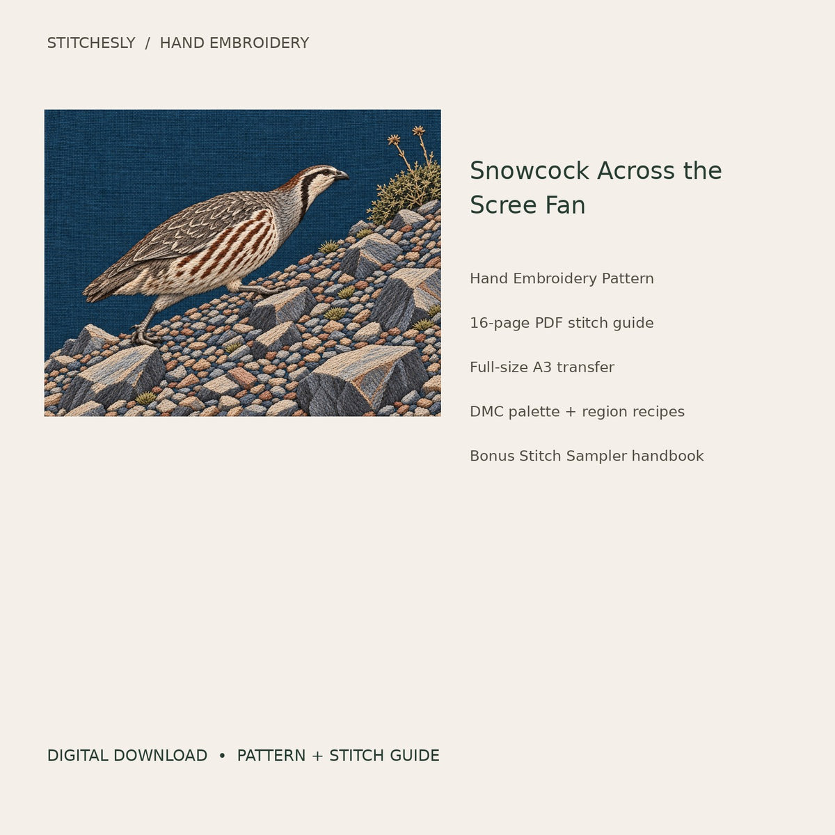 Snowcock Across the Scree Fan: digital hand embroidery pattern cover with artwork and included files
