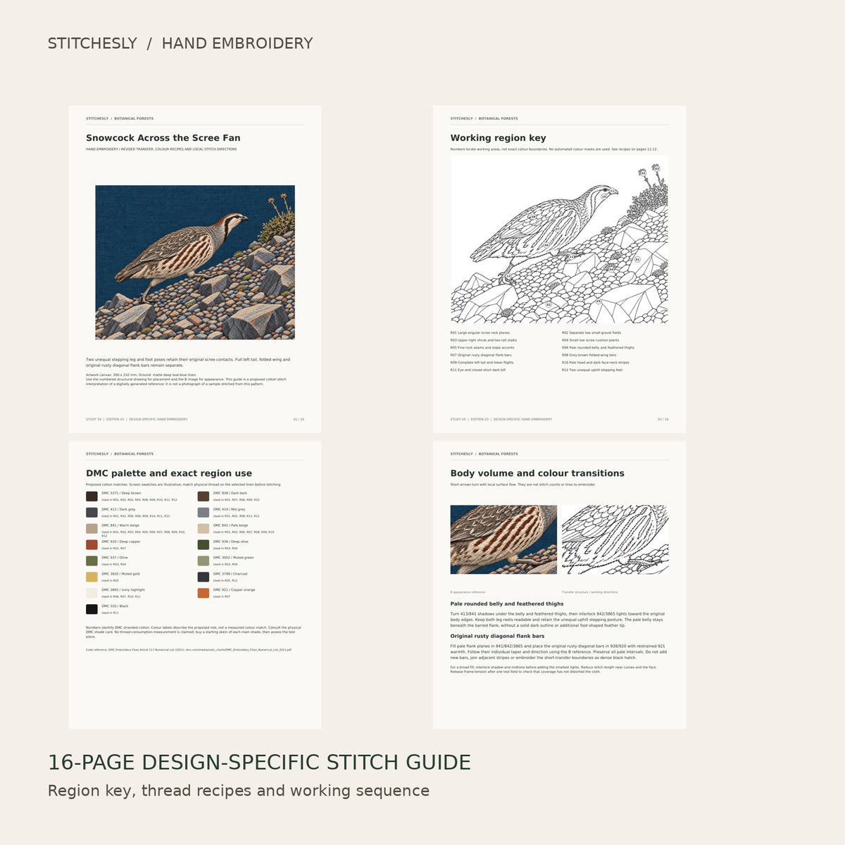 Snowcock Across the Scree Fan: preview of the 16-page stitch guide, region key, DMC palette and stitching instructions