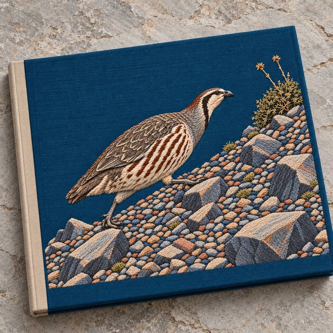 Snowcock Across the Scree Fan visual mockup shown on a cloth portfolio cover, with the design on deep teal-blue linen.