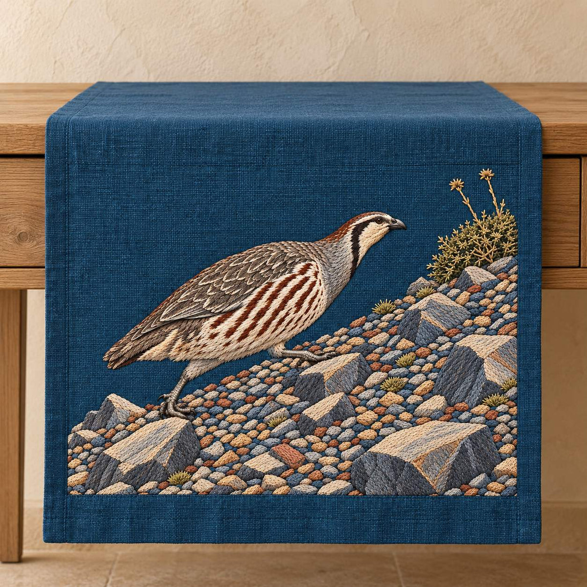 Snowcock Across the Scree Fan visual mockup shown on a textile runner over a console, with the design on deep teal-blue linen.