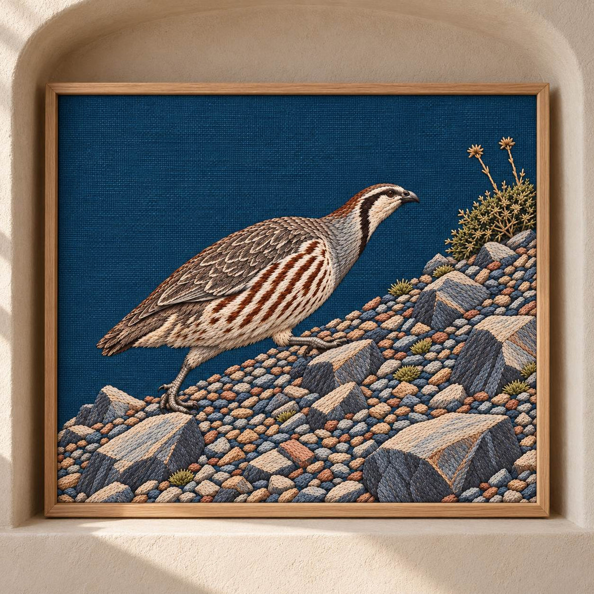 Snowcock Across the Scree Fan visual mockup shown as a framed textile in a gallery niche, with the design on deep teal-blue linen.