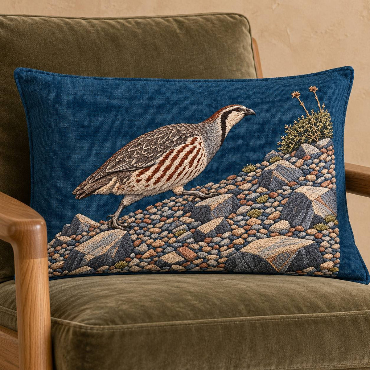 Snowcock Across the Scree Fan visual mockup shown on a cushion in a lounge chair, with the design on deep teal-blue linen.