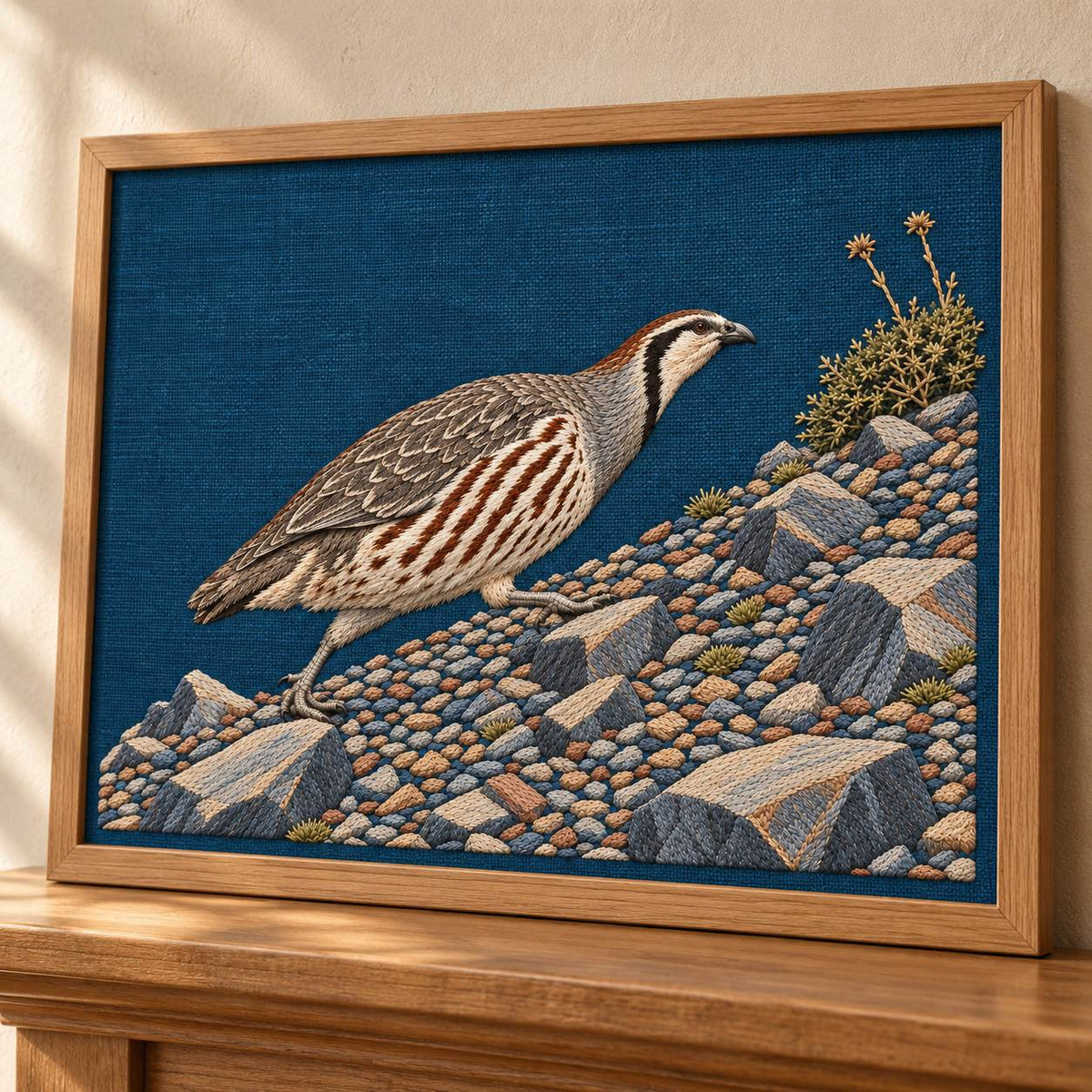Snowcock Across the Scree Fan visual mockup shown in a frame leaning on a mantel, with the design on deep teal-blue linen.