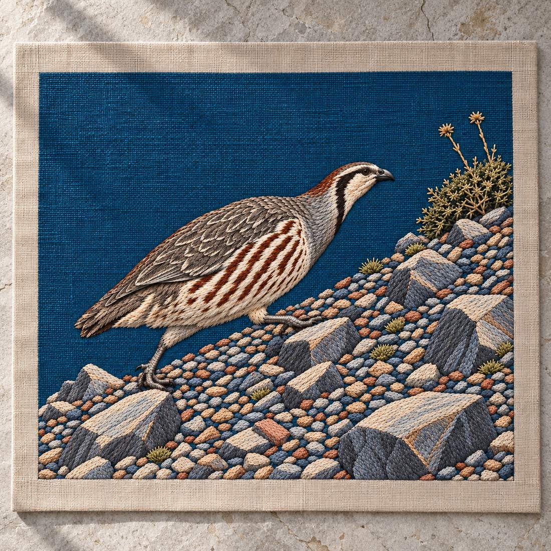 Snowcock Across the Scree Fan visual mockup shown as a textile panel on a stone platform, with the design on deep teal-blue linen.