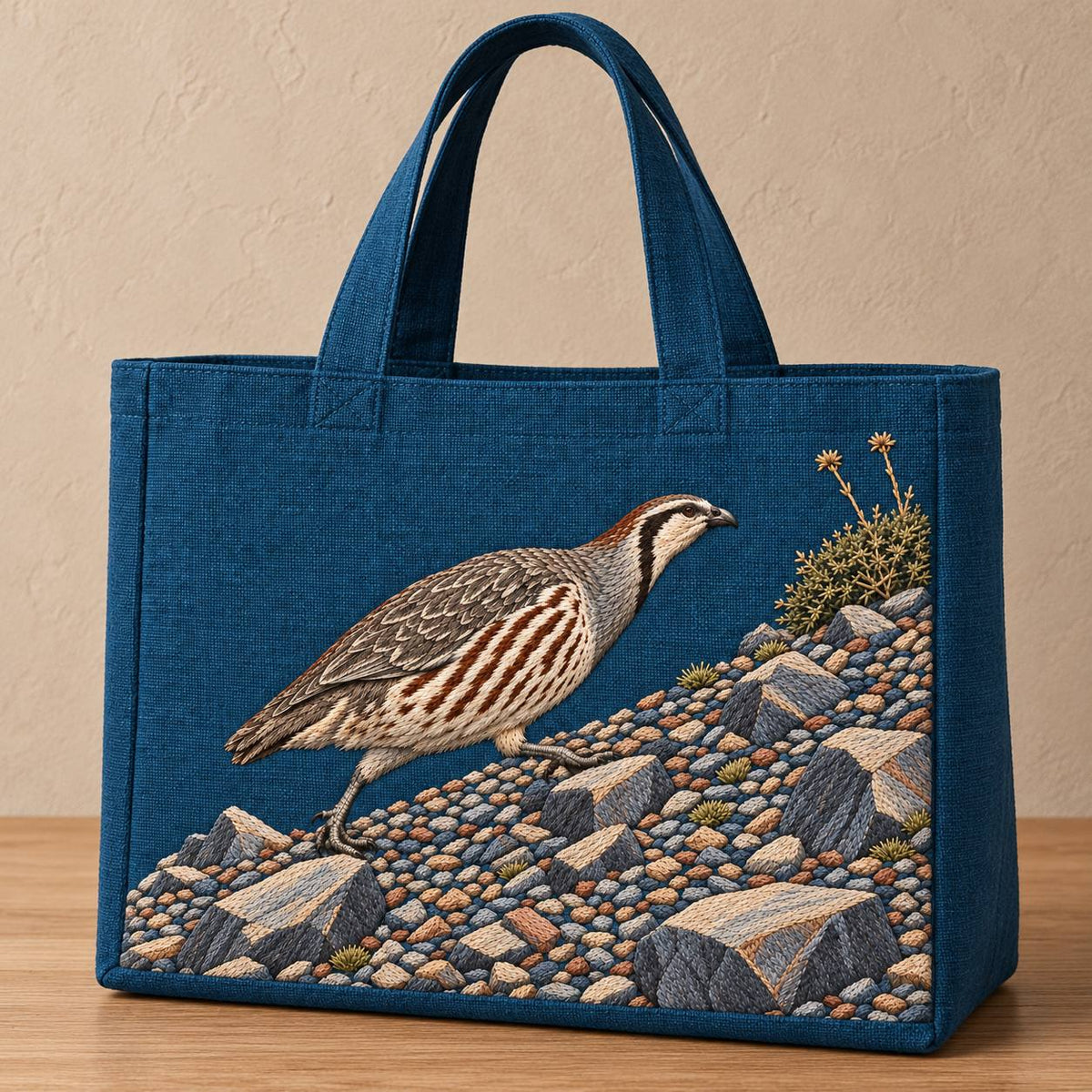Snowcock Across the Scree Fan visual mockup shown on the front of a structured linen tote, with the design on deep teal-blue linen.