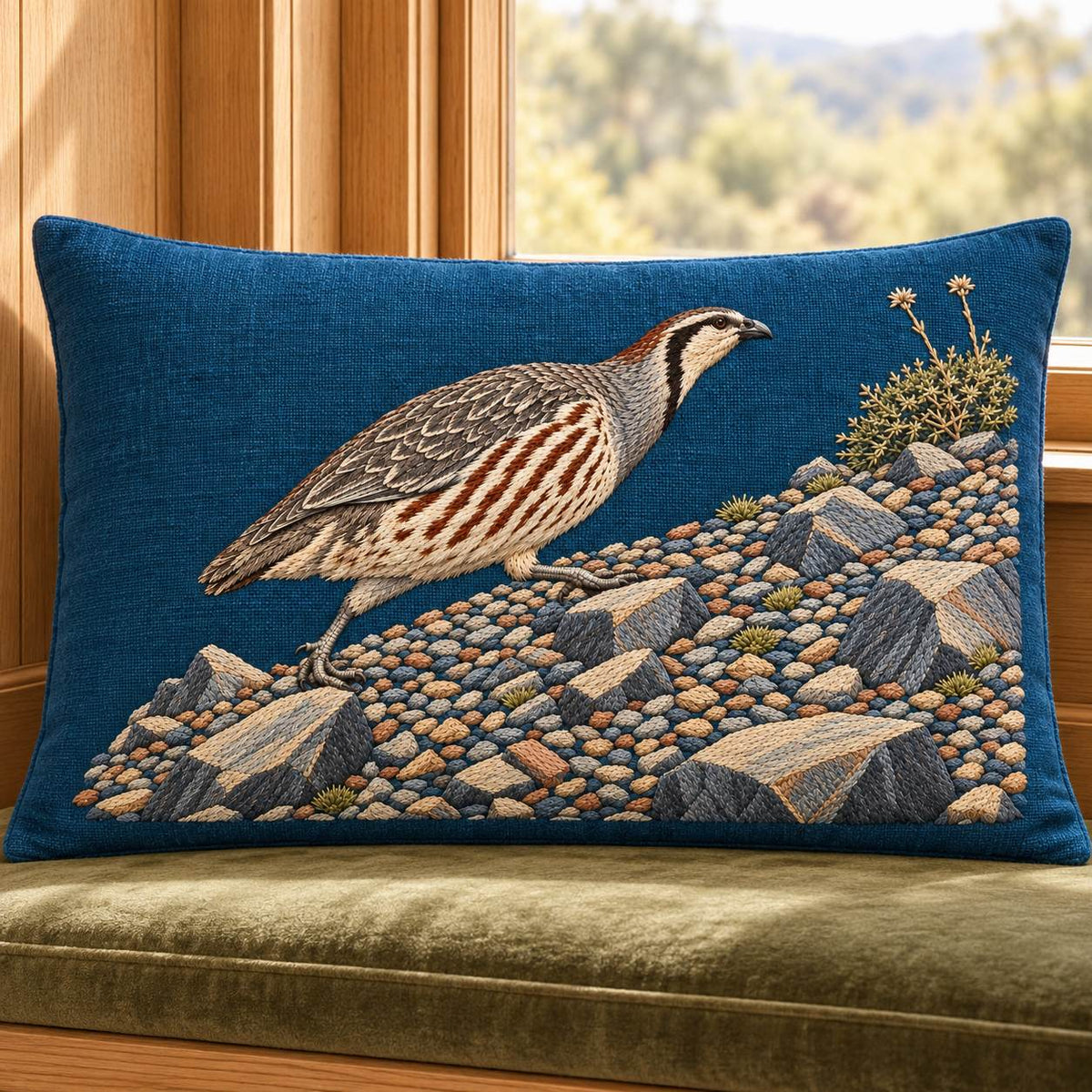 Snowcock Across the Scree Fan visual mockup shown on a cushion beside a window, with the design on deep teal-blue linen.
