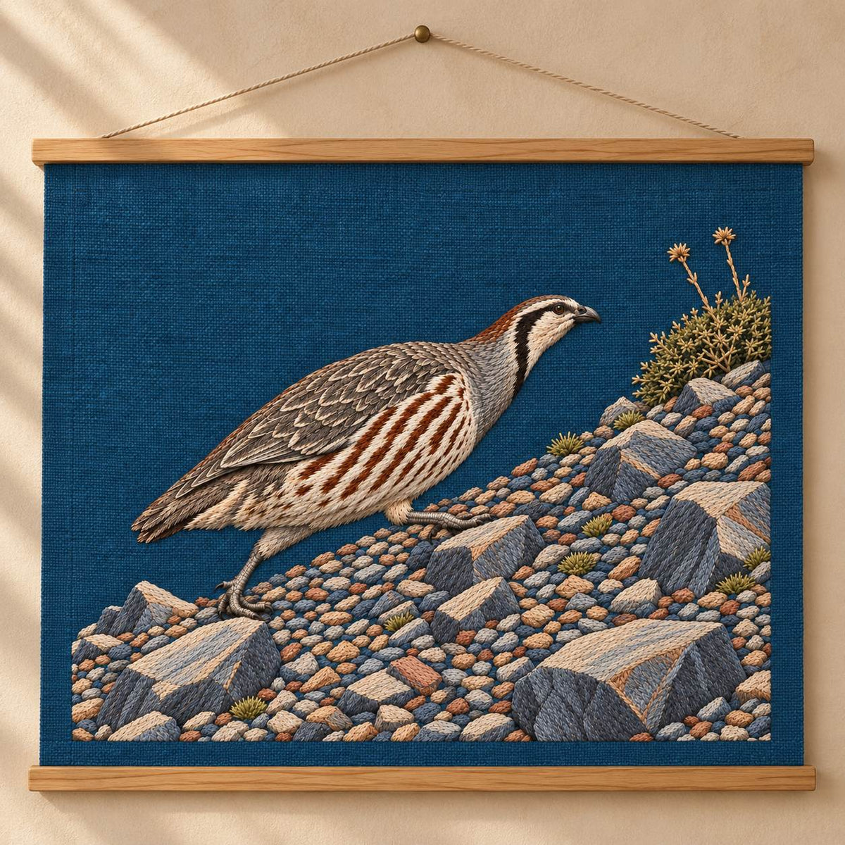 Snowcock Across the Scree Fan visual mockup shown as a hanging textile held by wooden rails, with the design on deep teal-blue linen.