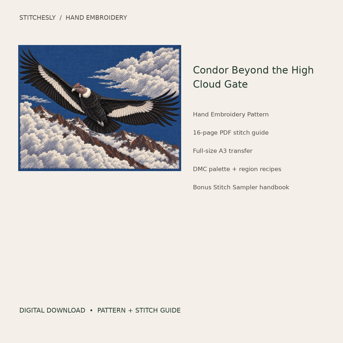 Condor Beyond the High Cloud Gate: digital hand embroidery pattern cover with artwork and included files